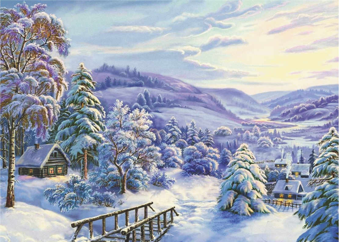 Баннер с изображением снежной долины, деревенских домиков и деревьев в снегу - 0