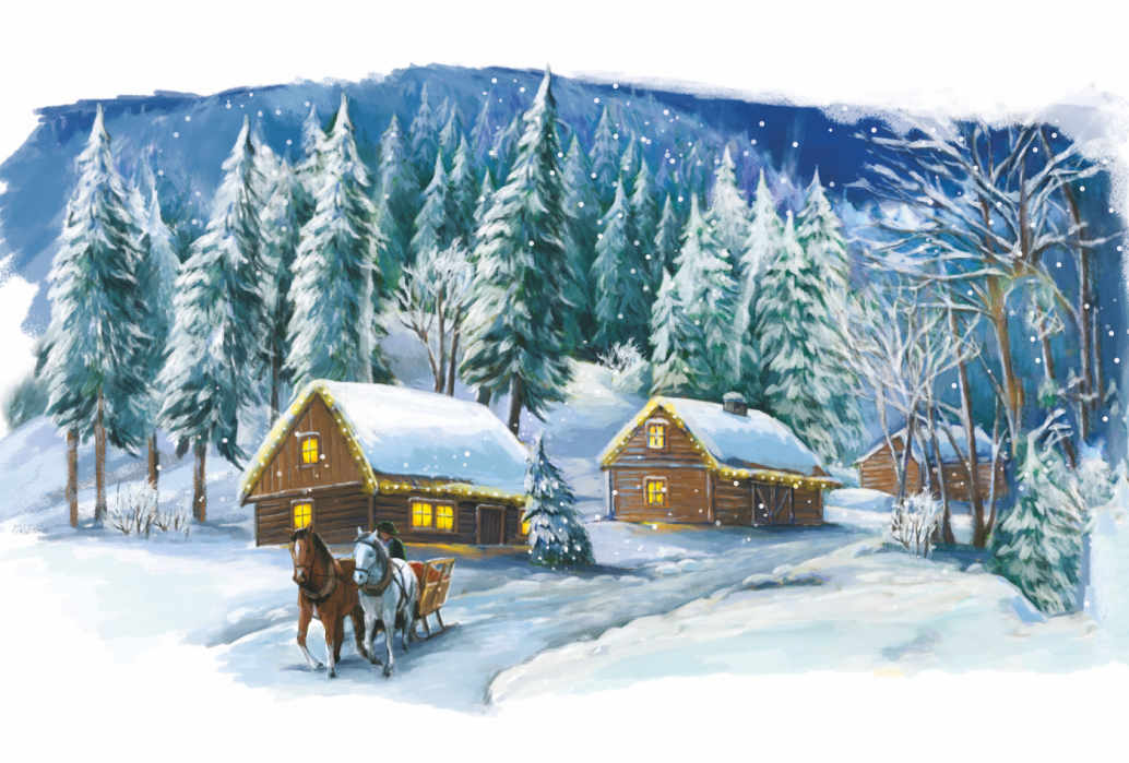 Баннер с изображением снежной долины, домиков, высоких елок и саней с лошадьми - 0